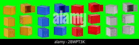 Un'immagine di alta qualità di contenitori per spedizioni da 1,8 m su sfondo verde con percorso di ritaglio. Imposta il rendering 3d dei contenitori per la spedizione in mare da 10 piedi Foto Stock
