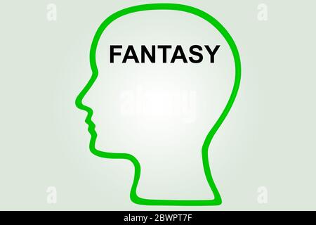 Illustrazione 3D della sagoma della testa, contenente il titolo FANTASY, isolato su un gradiente verde. Foto Stock