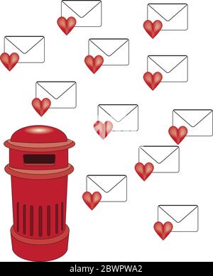 Scatola portagonete rossa e luminosa circondata da buste di San Valentino Illustrazione Vettoriale