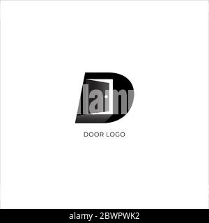 Modello con logo della portiera quadrato nero. Una silhouette aperta della porta in stile alfabeto corsivo con logo D. Isolato su sfondo bianco. Minimo Illustrazione Vettoriale