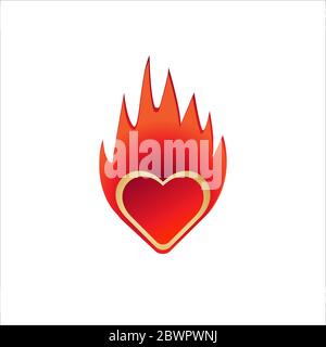 Cuore con immagine vettoriale del fuoco isolato su sfondo bianco. Design del logo Love Burn Fire. Gradazione dei colori oro e arancio rosso Illustrazione Vettoriale