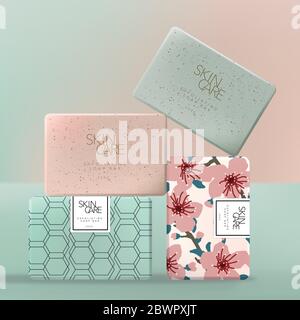 Vector esfoliante o detergente impacchettamento di carta da imballaggio con fiore floreale giapponese Sakura o motivo geometrico. Rosa e verde. Illustrazione Vettoriale