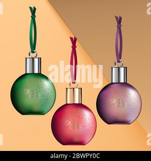 Vector vetro o plastica Bauble bottiglia stagionale trasparente Body Wash, Shampoo o Conditioner Packaging. Viola, verde e rosso. Illustrazione Vettoriale