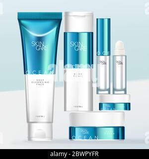 Vector Metallic Blue & White Design Beauty, Medical Skincare o prodotti da bagno Set di confezionamento con Roll on Fragrance o deodorante Mini bottiglia in vetro, tubo, Illustrazione Vettoriale