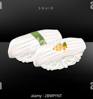 Vector Japanese fine Dining o Sushi Bar Restaurant Illustrazione realistica del Sushi Squid con Roe di pesce o foglie di basilico per Menu o Pubblicità. Illustrazione Vettoriale