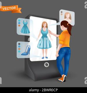 Giovane donna o ragazza che prova i vestiti nello specchio 3D del display virtuale anteriore con la funzione di simulazione di adattamento. Illustrazione vettoriale degli acquisti online tramite Illustrazione Vettoriale