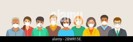 Gruppo di persone in maschere di protezione medica viso. Prevenzione del coronavirus, influenza, inquinamento atmosferico urbano, smog, aria contaminata nel mondo. Usura re Illustrazione Vettoriale