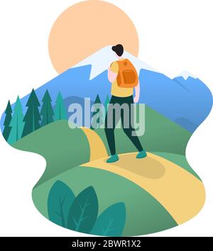 Hiker Man con zaino verso la cima della montagna Flat Design Illustrazione Illustrazione Vettoriale