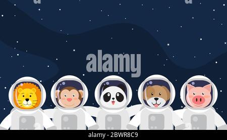Set di animali carino in abito astronauti su sfondo spazio Illustrazione Vettoriale