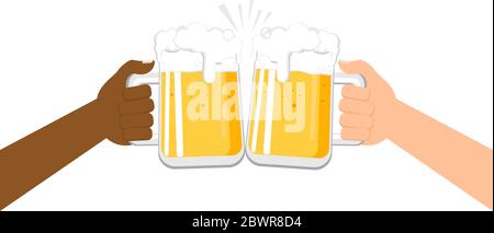 Mani che tengono le briganti della tazza di birra e i bicchieri di birra che si aggraffano. Illustrazione Vettoriale