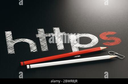Illustrazione 3D dell'acronimo https scritto con matite di legno rosse e bianche su sfondo nero. Foto Stock