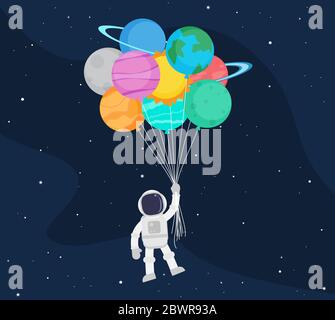 Carino astronauta cartoon galleggianti con palloncino pianeta in sfondo spaziale - illustrazione vettoriale Illustrazione Vettoriale