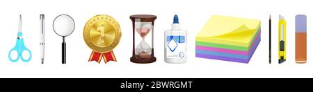Raccolta stazionaria. Illustrazioni vettoriali realistiche per la scuola. Lente d'ingrandimento, penna, matita, clessidra, medaglia, coltello per cancelleria, carta per appunti, colla Illustrazione Vettoriale