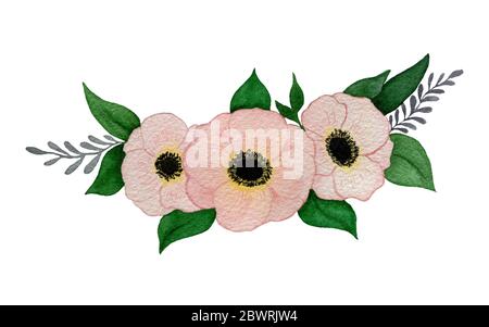 bouquet acquerello di fiori rosa anemone isolato su bianco, elegante disegno floreale con fiori rosa Foto Stock