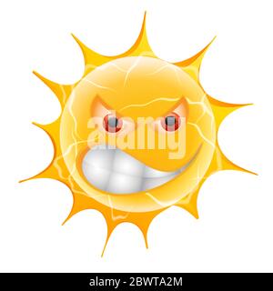 Evil Summer Sun Emoticon. Arrabbiato Sun Emoji. Isolato su sfondo bianco. Foto Stock