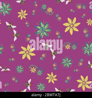 Miele ape e fiori vettore senza cuciture motivo sfondo. Insetto disegnato a mano e fiori pittorici su sfondo viola. Giardino di progettazione fauna selvatica. Luminoso Illustrazione Vettoriale