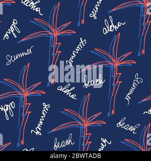 Cute Doodle Drawn Palms e lettering Hawaiian e Beach Shirt motivo senza giunture vettoriale Illustrazione Vettoriale