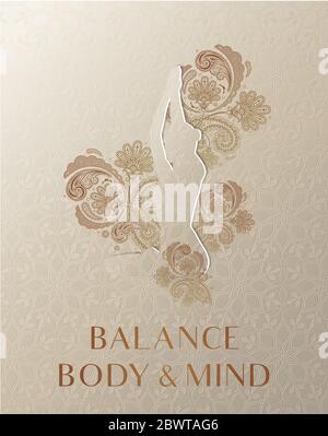 Yoga Silhouette in posa Lotus circondato da Ornament floreale indiano su sfondo testurizzato beige. Equilibrio corpo e mente Foto Stock