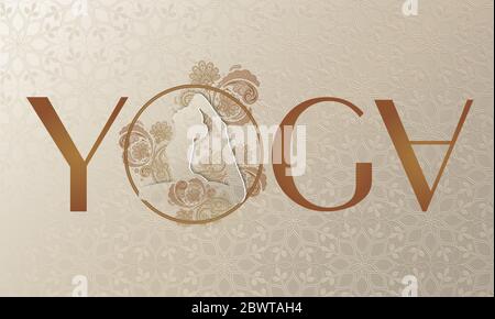 Stemma yoga con silhouette in posa del Re Pigeon circondato da ornamento floreale indiano in lettera o e riflesso A. Beige sfondo testurizzato Foto Stock