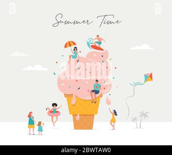 Scena estiva, gruppo di persone che si divertono intorno a un enorme gelato, surf, nuoto in piscina, bere bevande fredde, giocare sulla spiaggia Illustrazione Vettoriale