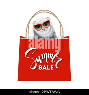 Ferret realistico in occhiali da sole seduto nella borsa regalo. Carino Polecat all'interno della Shopping Bag. Illustrazione PET che è buono per le vendite estive Foto Stock