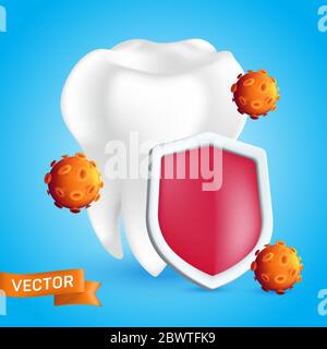 Concetto di cura dentale. Dente umano bianco sano e pulito protetto da uno scudo che riflette germi e batteri. Illustrazione vettoriale realistica in stile 3D Illustrazione Vettoriale