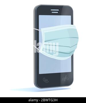 smartphone con maschera chirurgica sopra di esso, illustrazione 3d Foto Stock