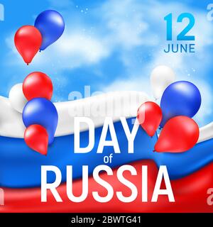 Banner o poster di auguri per la nazionale festa russa indipendenza. Illustrazione vettoriale con bandiera tricolore ondulata e ballo multicolore Illustrazione Vettoriale