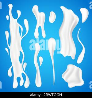 Set vettoriale schizzi di latte. Prodotti caseari naturali liquidi 3D realistici in varie forme, bevande biologiche yogurt roteoli o onde cremose e gocce bianche è Illustrazione Vettoriale