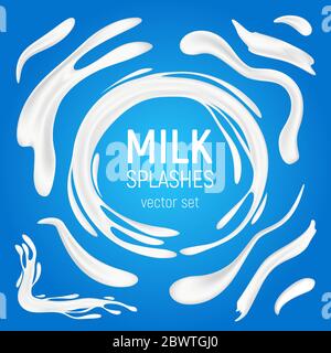 Set vettoriale schizzi di latte. Prodotti caseari naturali liquidi 3D realistici in varie forme, bevande biologiche yogurt roteoli o onde cremose e gocce bianche è Illustrazione Vettoriale