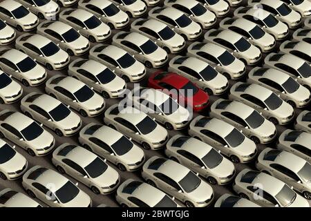 Rendering 3D del concetto di Unique con una vettura rossa tra un sacco di auto bianche Foto Stock