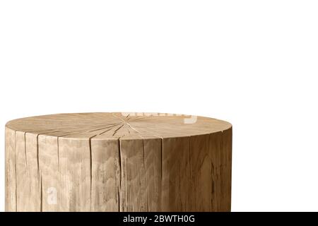 Tavolo decorativo rotondo in legno su sfondo bianco. Foto Stock