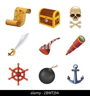 Sea pirate web icona insieme con cranio umano, sciabola, ancora, volante, Spyglass, bomba nera, pipe, antico petto e mappa del tesoro. Illustri vettore Illustrazione Vettoriale