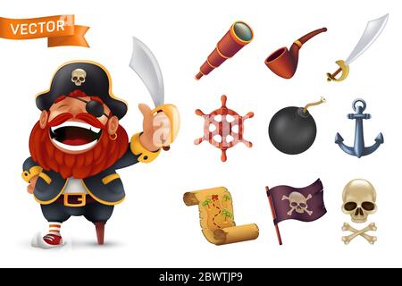 Insieme di icone pirata di mare con il carattere capitano con boscato rosso, cranio umano, sciabola, ancora, volante, Spyglass, bomba, pipe, bandiera nera di roger e t Illustrazione Vettoriale