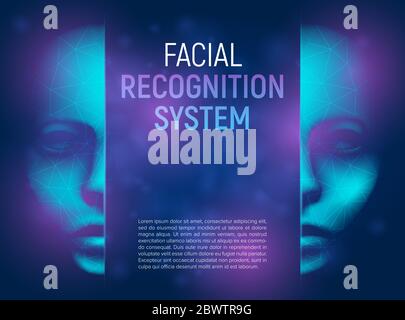 Sistema di riconoscimento facciale con viso umano o cyber 3D realistico composto da poligoni e linee basse. Illustrazione vettoriale dell'identificativo biometrico Illustrazione Vettoriale