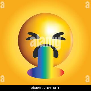 Emoji di alta qualità isolato su sfondo gradiente giallo.Face Vomiting Emoji. Emotji viso giallo con vomito arcobaleno. Arcobaleno emoji.colorful emoticon. Illustrazione Vettoriale