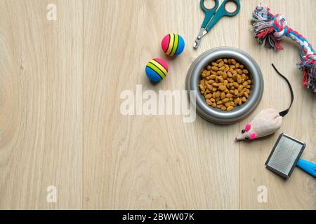 Concetto di cura e formazione per animali domestici. Accessori per cani e gatti e ciotola di cibo secco kibble su sfondo di legno. Disposizione piatta, vista dall'alto. Banner negozio veterinario mo Foto Stock