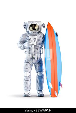 Astronauta con tavola da surf / illustrazione 3D di spazio vestito da surfer maschile figura dando pollici in su segno mano isolato su sfondo bianco studio Foto Stock