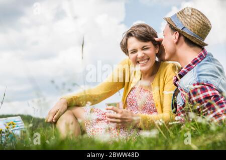 Felice coppia con un picnic su un prato in montagna, Achenkirch, Austria Foto Stock