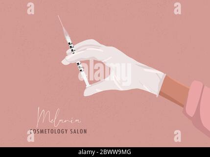 Iniezione donna bellezza, pelle liscia, riempitivo labbra, cosmetologia estetica illustrazione dei social media. Cartoni animati disegnati a mano arte , labbro di chirurgia medica Illustrazione Vettoriale