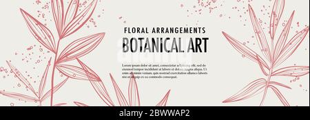 Profilo delle foglie di palma, schizzo di fogliame disegnato a mano, intestazione pubblicitaria larga giungla. Natura party design, vendita estate grafica in vettoriale. Illustrazione Vettoriale