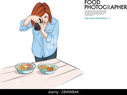 Donna cibo Blogger fare fotografia alimentare con macchina fotografica, cucina casa, disegno. Illustrazione dello stile di vita creativo. Femmina tiro Culin, professionale moderna Illustrazione Vettoriale