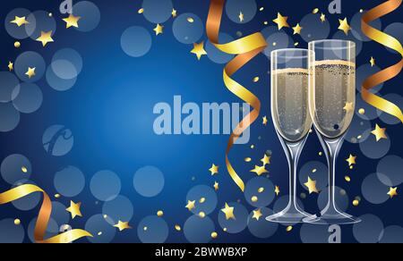 Allegro biglietto d'auguri natalizio con due bicchieri di champagne realistici, sfondo blu con nastri e confetti dorati. Vettore Illustrazione Vettoriale