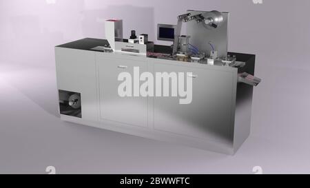 Confezione blister in capsule, concetto di produzione farmaceutica industriale. Immagine di rendering 3D Foto Stock