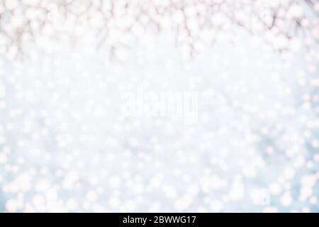 Foglie di albero di Natale sfocate sulla parte superiore con Bokeh caduta neve sfondo. Foto Stock