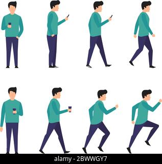 Uomo carattere, pose diverse, uomo d'affari, vettore illustrazione in stile piatto. Carattere isolato su sfondo bianco Illustrazione Vettoriale