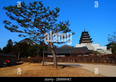 SEOUL, COREA DEL SUD - 26 DICEMBRE 2018: Il museo nazionale popolare della Corea all'interno del Palazzo antico di Gyeongbokgung. E' un famoso punto di riferimento di Seoul. Foto Stock