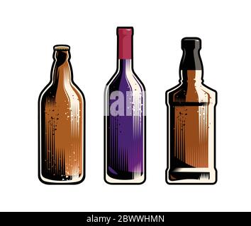 Set di bevande e bottiglie diverse. Immagine vettoriale retrospettiva Illustrazione Vettoriale