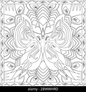 Illustrazione della pagina di colorazione in formato quadrato per Adults, Butterfly, Mandala e Foliage Design Illustrazione Vettoriale