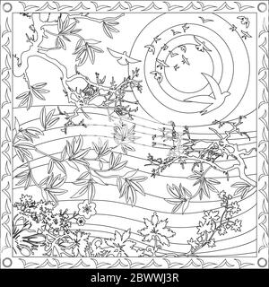 Illustrazione della pagina di colorazione in formato quadrato per gli adulti, stile giapponese con gli uccelli e il tramonto Illustrazione Vettoriale